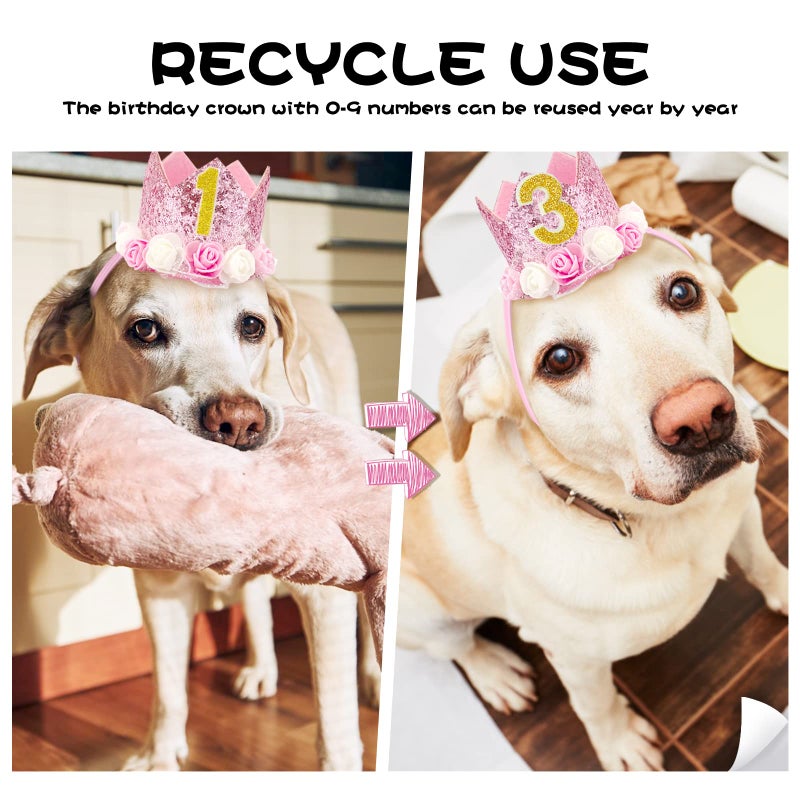 Rimobul Pet Crown Dog Birthday Hat Reusable Birthday Party Crown Girl Cat Doggie Headband Hats with 0-9 Figures Charms Gift Grooming Accessories with Glue Dots Pack of 1(Pink) - Image 4